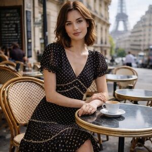 BCBG maxazria 100% Silk Size 6 Short Sleeve Black W/ Brown Polka Dots Dress